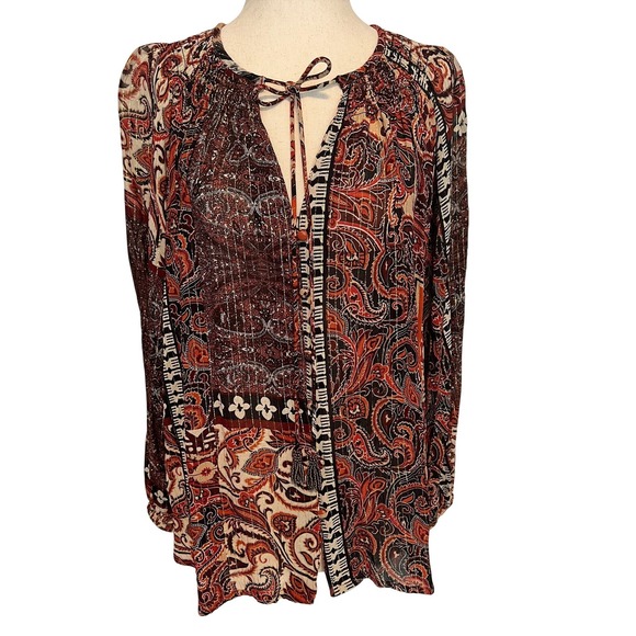 Zara Tops - Zara Women L Tie Neck Peasant Blouse Paisley Patchwork Top Burgundy Gold Boho